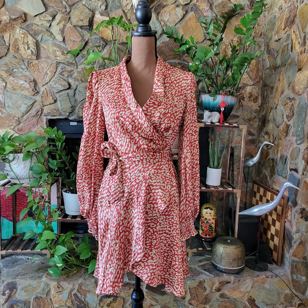 NWT PrettyLittleThing Red Satin Leopard Print Wrap Frill Hem Shift Mini …